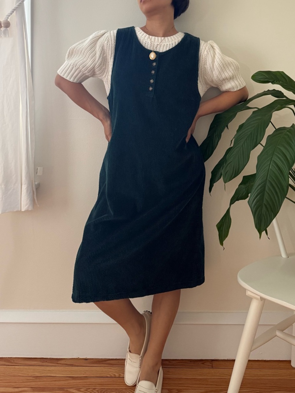 Vintage Talbots 100% Cotton Dark Green Corduroy Cottagecore Jumper Dress Size 10